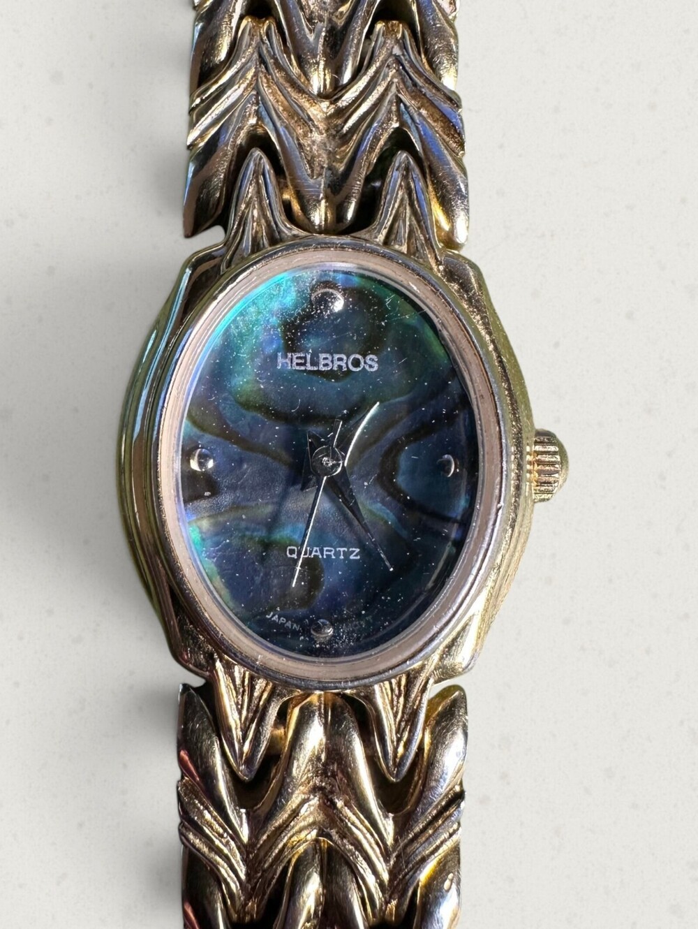 Vintage Helbros Abalone Ladies Quartz Gold Tone Watch Y481 90-2 New Battery